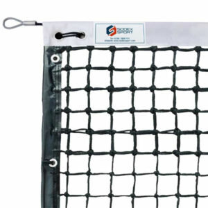 tennis net with fiberglass rid and central strap